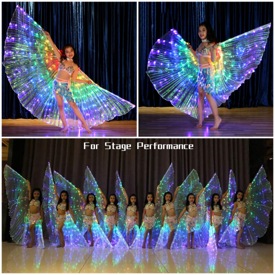 Kids Belly Dance Wings LED Butterfly Wings Luminous Light Up Girls Costumes with Telescopic Stick for Stage Show Halloween Christmas Party