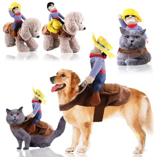 Cowboy Rider Dog Costume Halloween Pet Costume Funny Dogs Clothes with Doll and Hat for Dog and Cat